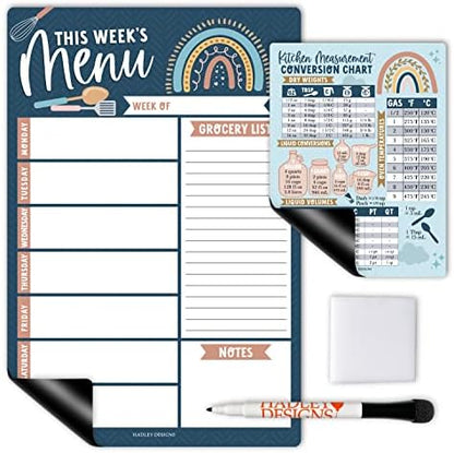 Hadley Designs Weekly Meal Planner for Fridge - Dinner Menu Board for Kitchen, Kraft Weekly Menu Board Dry Erase, Dry Erase Meal Planner for Fridge, Grocery List for Fridges with Conversion Chart
