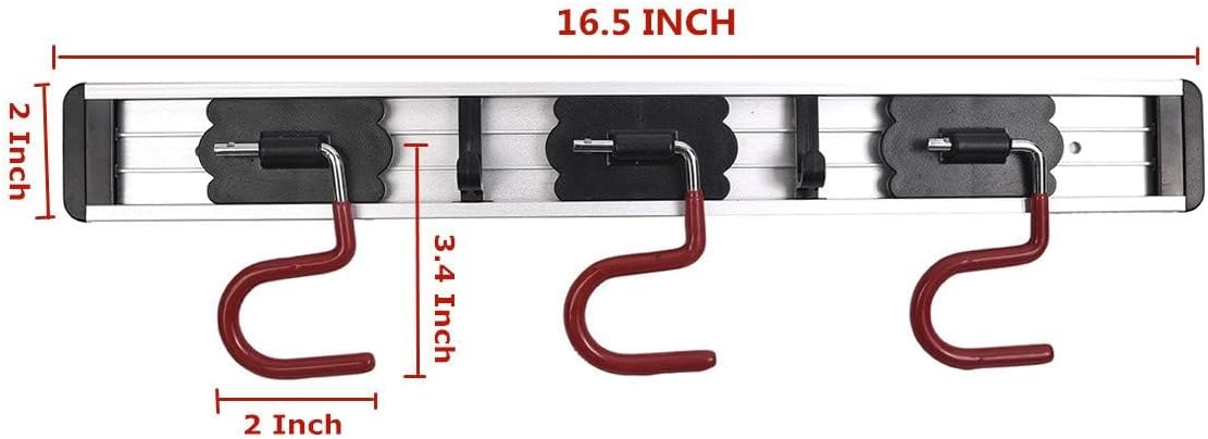 Wall Mounted Mop and Broom Holder Stainless Steel S Type Broom Rack Anti-Slip Mop Organizer (17 Inches,4 Positions 3 Hooks, Red black) (17inch)