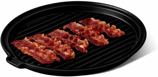 ONEMORE Microwave Bacon Cooker, Ceramic Bacon Tray with Splatter Cover | Meat Rack for Oven Cooking Crispy Bacon Maker with Collapsible Lid - 13 inch Round Bacon Dish Plate, Dishwasher Safe, White