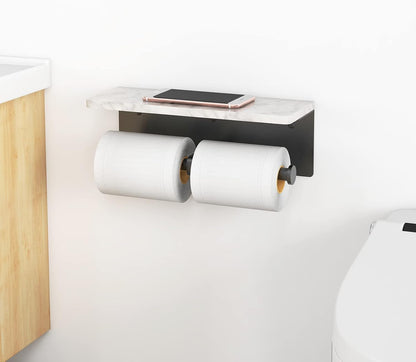 Gypie Marble Toilet Paper Holder with Shelf, Wall Mounted Matte Black | Stainless Steel Tissue Roll Paper Holder Dispenser for Bathroom Washroom