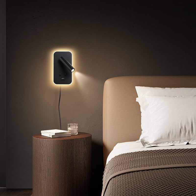 Wall Mounted LED Reading Light for Bed Headboard, Bedside Wall Sconces USB Charging, Night Light for Bedroom, Ambient Lighting Wall Mounted Sconce for Bedroom, Plug-in or Hardwired, Black