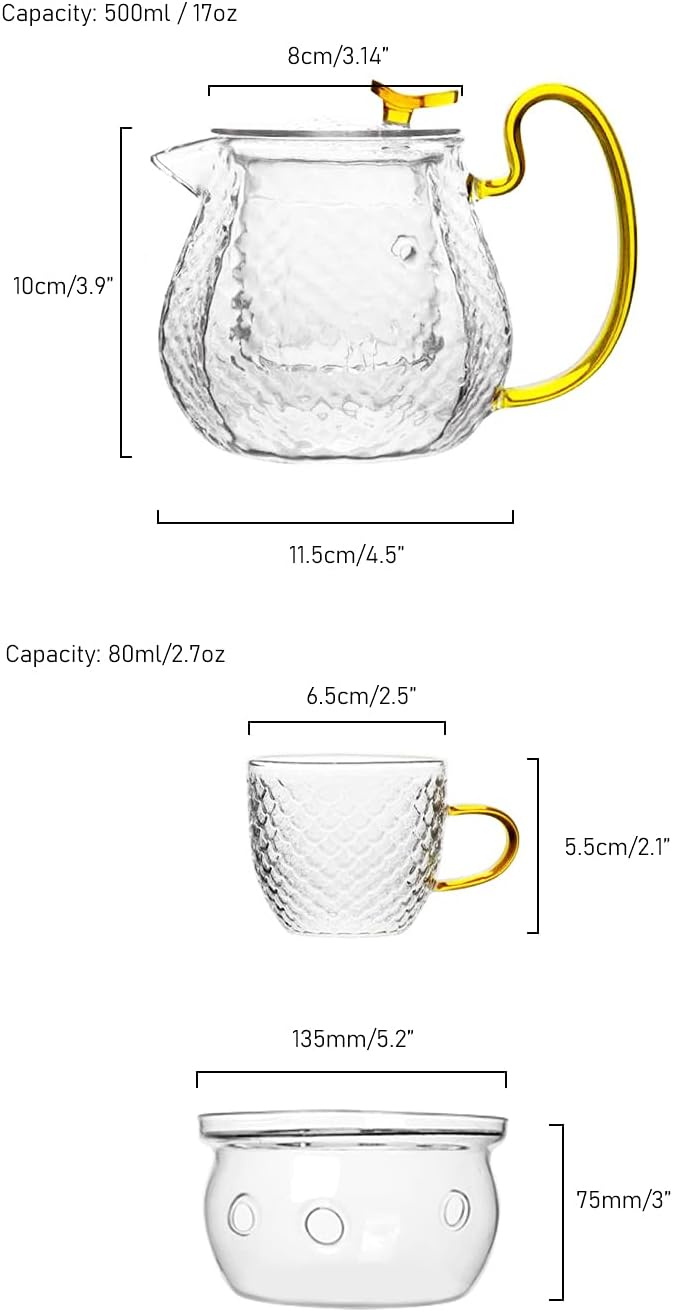 Glass Filtering Tea Maker Teapot with a Warmer and 6 Double-walled Tea Cups Set (Heating base, Standard)