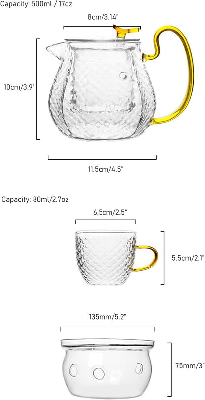 Glass Filtering Tea Maker Teapot with a Warmer and 6 Double-walled Tea Cups Set (Heating base, Standard)