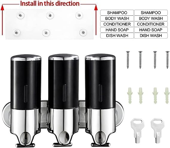3 in 1 Chamber Wall Mounted Shampoo and Conditioner Dispenser (Silver) | No Drill Shower Soap Dispenser for Bathroom & Hotel Leak-Proof Pumps, Easy Installation and Large Capacity
