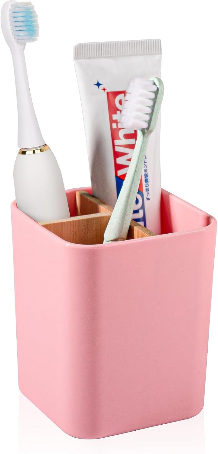 Bamboo Toothbrush Holder for Bathrooms Toothpaste Organizer - Black | Detachable Inserts, 3 Slots, Bathroom Counter Organizer, for Kids Electric Toothbrushes, Floss, Razors