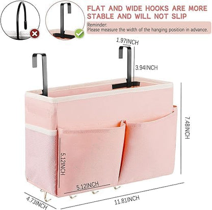 Bedside Caddy Organizer 5 Pockets and 4 Hooks for Bunk Bed Pink | Hanging Storage Bag for Headboards