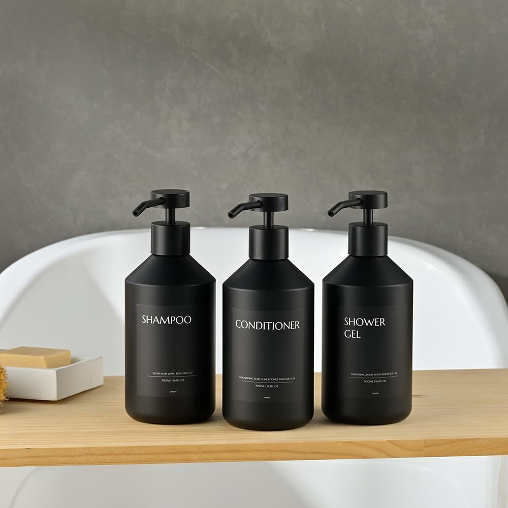 Shampoo and Conditioner Dispenser Set of 3 for Wall Mount | 16.9 fl oz Drill Free Shower Soap Bottles,Refillable Body Wash Dispensers for Bathroom Decor (Amber Bottles + Bamboo Pumps)