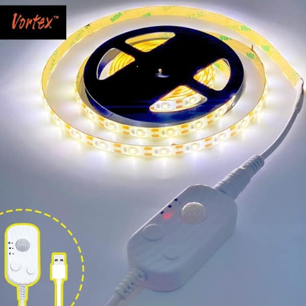 Vortex HJ-J0083C2 USB LED Strip Lights with Motion Sensor, Cool White 3m Options Dimmable LED Closet Light duarble, Under Cabinet or Bed Strip Light (3 Meters, Cool White)(Two Pieces Package)