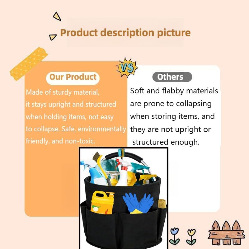 Cleaning Caddy with Handle,Cleaning Supplies 17L Foldable Storage Basket | Portable Multi Bucket Organiser Mop Bucket for Home Garden (Black)-11 x 11inches
