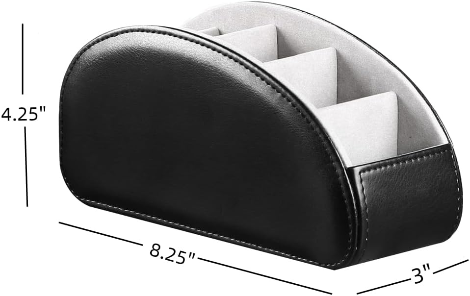 PU Leather Remote Control Holder with 5 Compartments - Storage Tray & Desktop Organizer for TV Remotes,Glasses,Pens,Accessories - Space-Saving Design for Bedside Table & Office Desk (Black)