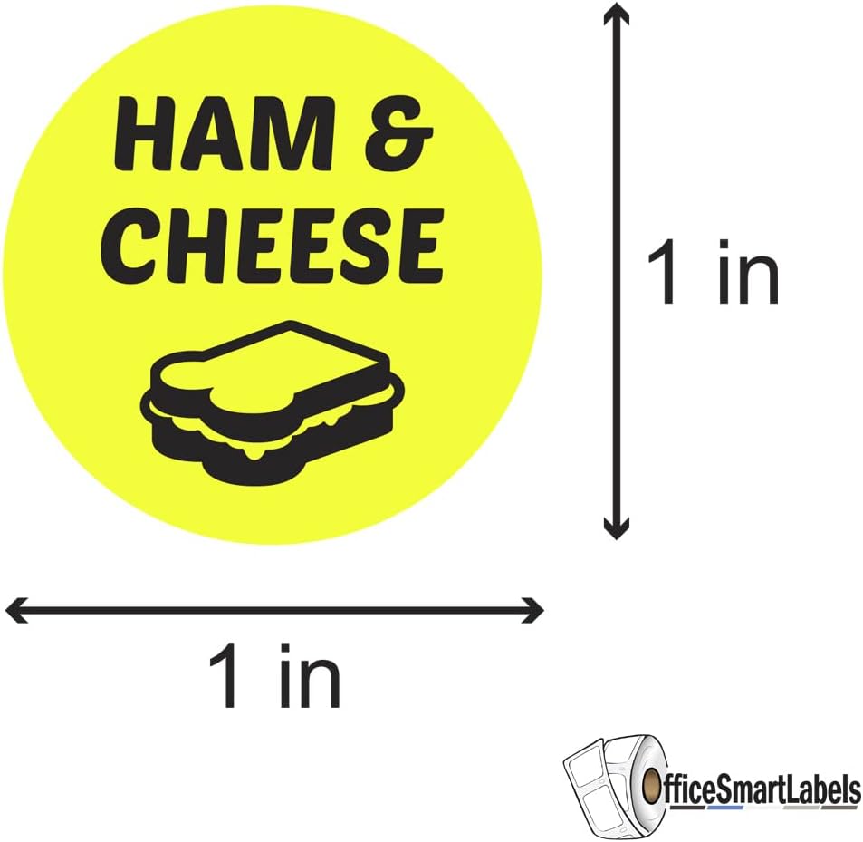 Ham & Cheese Stickers - 1 Inch Round Circle Food Labels in Bright Yellow for Restaurant Deli Food Truck Supermarket Grocery Store Stickers Food Menu Meal Choice Sticker Package Label - 300 Labels/Pack