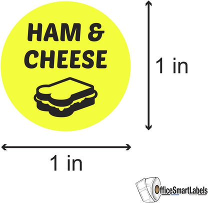 Ham & Cheese Stickers - 1 Inch Round Circle Food Labels in Bright Yellow for Restaurant Deli Food Truck Supermarket Grocery Store Stickers Food Menu Meal Choice Sticker Package Label - 300 Labels/Pack