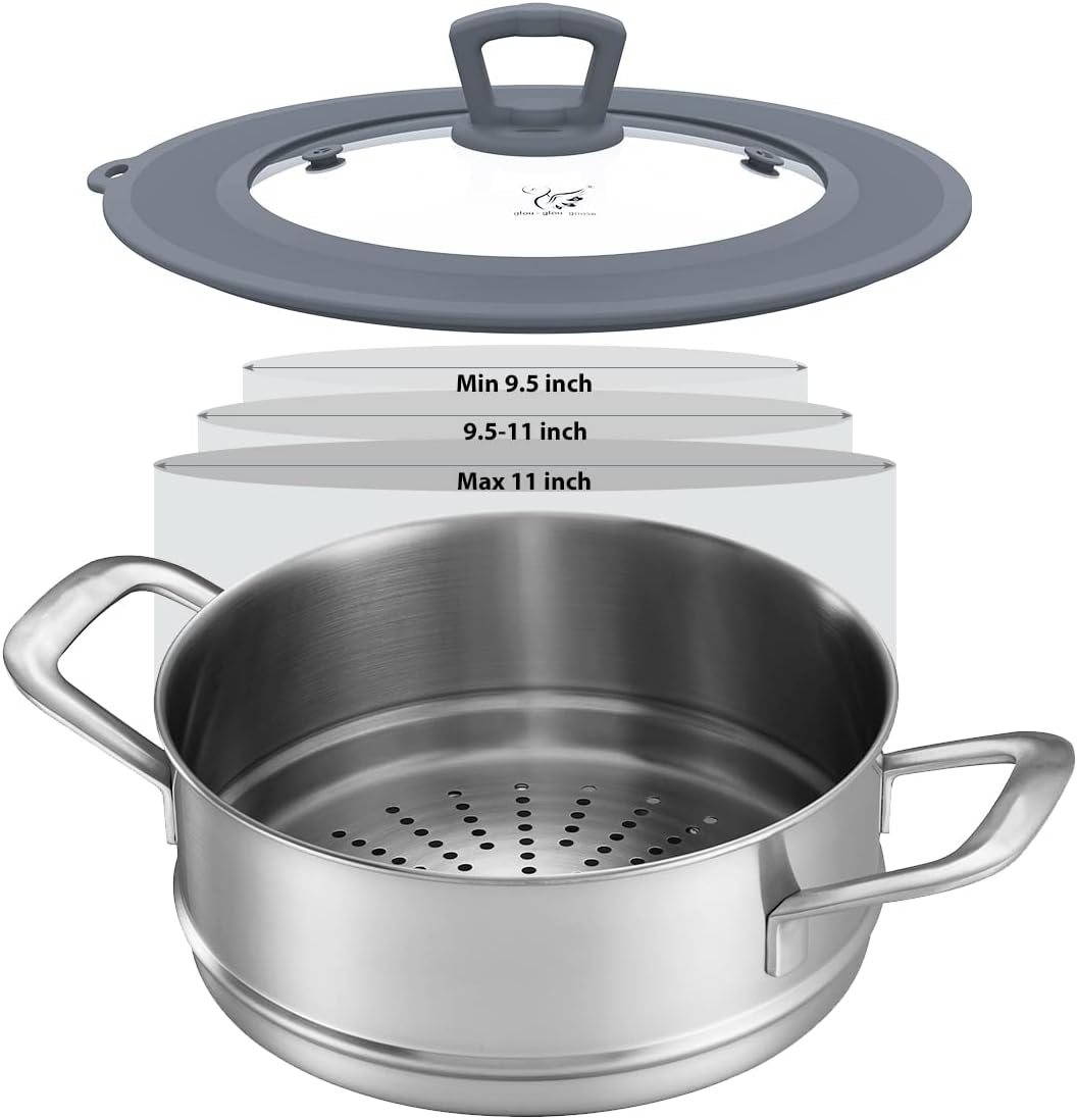 Vented Tempered Glass Universal Lid for Pot Pan Skillet with Heat Resistant Silicone Rim Microwave Splatter Lid Cover Microwave Safe Fit 11.5" 12" 12.5" Cookware, Dishwasher Safe Black