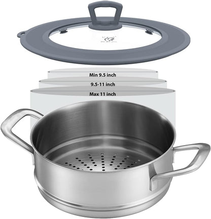 Vented Tempered Glass Universal Lid for Pot Pan Skillet with Heat Resistant Silicone Rim Microwave Splatter Lid Cover Microwave Safe Fit 11.5" 12" 12.5" Cookware, Dishwasher Safe Black