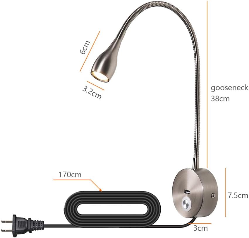 LED Reading Lamp 3W Warm White 3000K for Reading Books Black Plug Cord 2PCS (RS032)