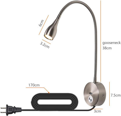 LED Reading Lamp 3W Warm White 3000K for Reading Books Black Plug Cord 2PCS (RS032)