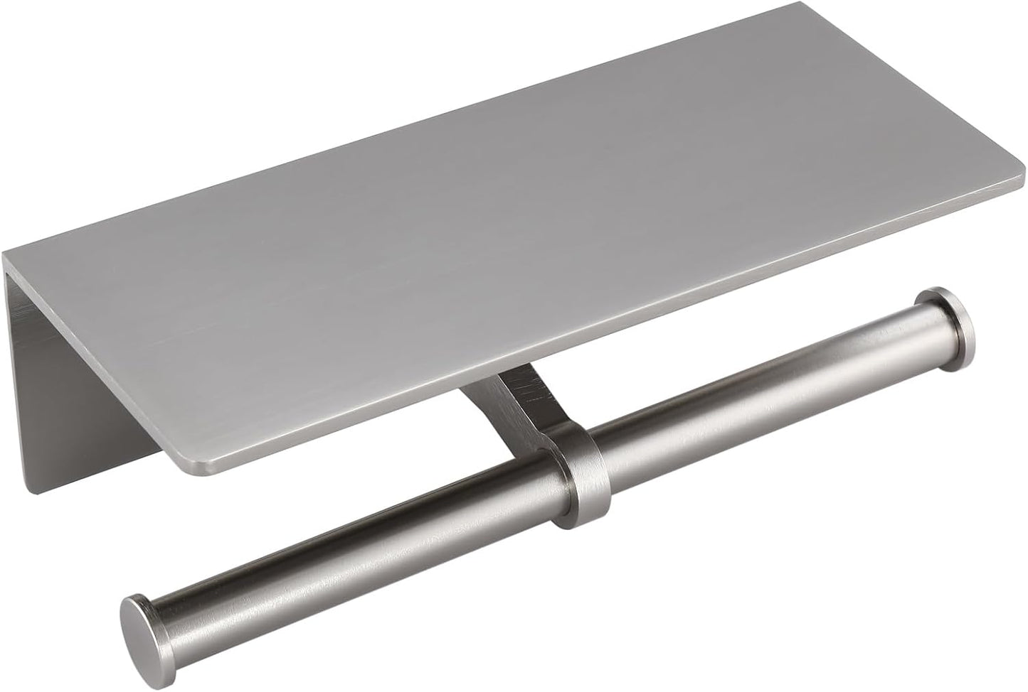 Toilet Paper Holder with Shelf, Adhesive or Screw Wall Mount Toilet Roll Holder for Bathroom, Rustproof Solid Aluminum Commercial Toilet Tissue Holder with Storage, Brushed Nickel