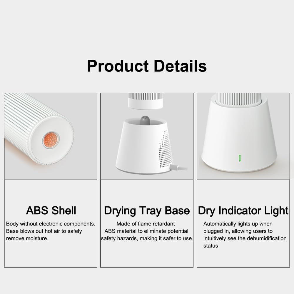 Reusable Cordless Gun Safe Mini Dehumidifier w/Heating Base | Rechargeable Quiet Small Portable Drier Stick for Space Room Bathroom Closet Car RV Boat Cabinet TOP-X-White 2+1
