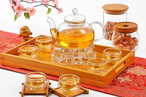 Jusalpha 11 PC-Glass Filtering Tea Maker Teapot with a Warmer and 6 Tea Cups Set (Version 2, 27-Oz) | 6 units of 1.7 oz tea cups, tea set comes with a 27 oz teapot with a removable infuser