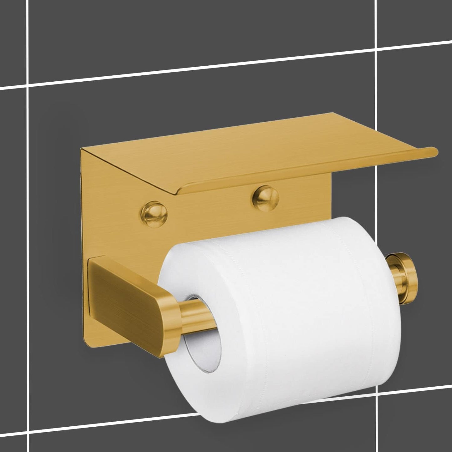 VAEHOLD Self Adhesive Toilet Paper Holder with Phone Shelf Stainless Steel Wall Mounted Toilet Paper Roll Holder - Rustproof and Bathroom Washroom Tissue Roll Holder with Shelf - Black