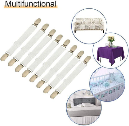 Adjustable Bed Sheet Straps Clips, Elastic Mattress Sheet Fasteners Holder and Suspenders, Grippers to Hold Sheet, Mattress, Sofa, Couch, Table Cloth, Recliner Ironing Board Cover and More