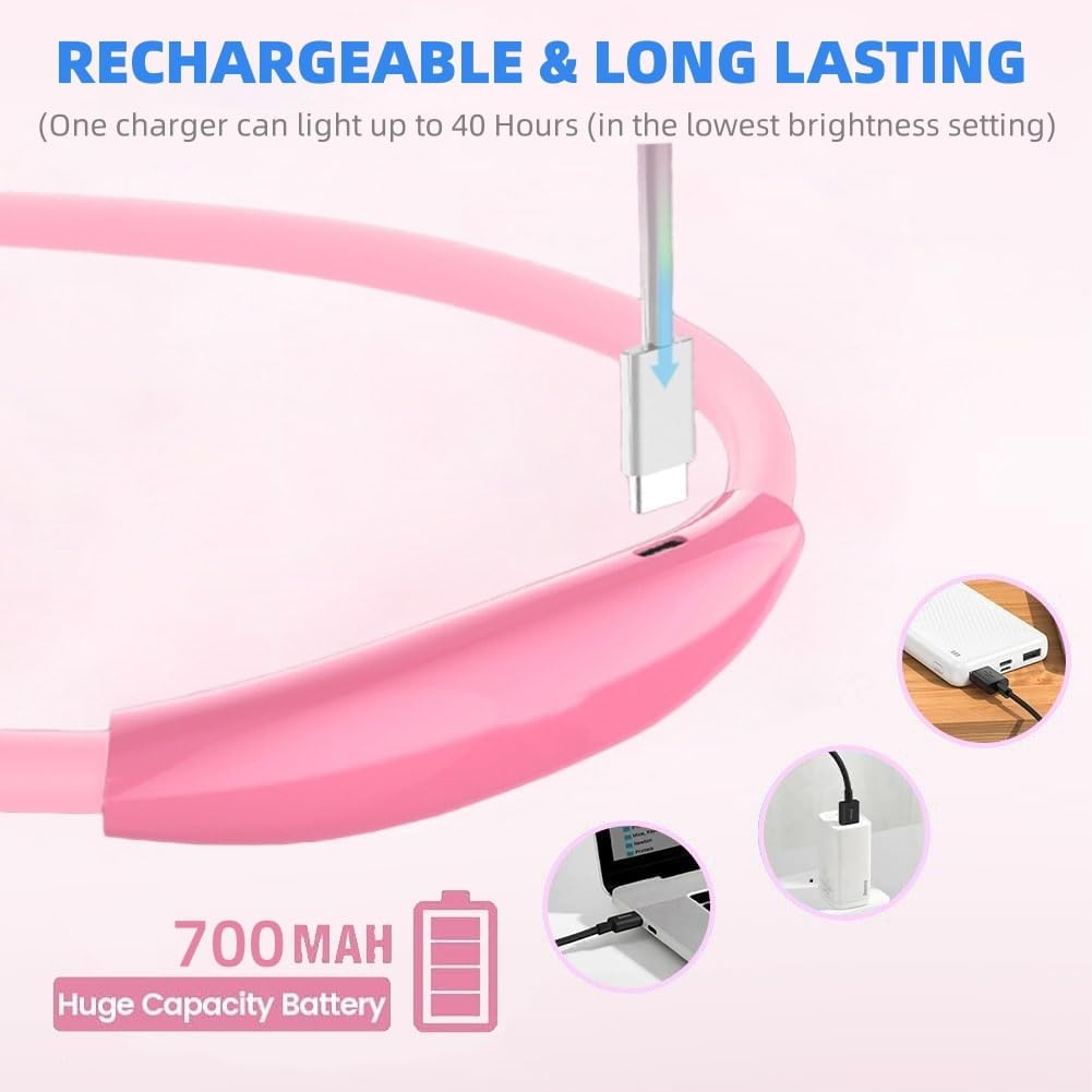 Neck Reading Light, Book Light for Reading in Bed, 3 Modes USB Rechargeable Hands Release Reading Lamp for Reader Knitting Camping Repairing (Pink)