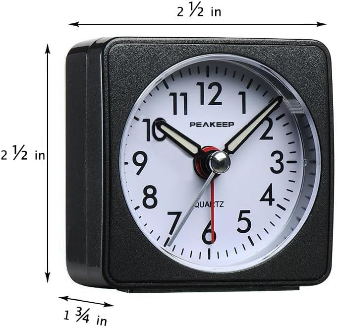 Peakeep Ultra Small, Battery Travel Alarm Clock with Snooze and Light | Silent No Ticking Analog Quartz Clock (Aquamarine)