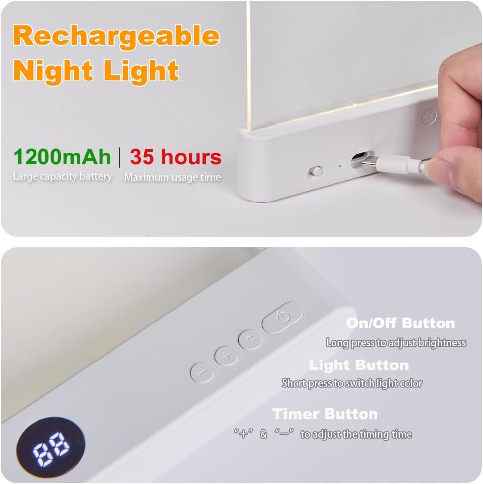 Amber Book Light, Rechargeable Clear LED Flat Reading Light with 3 Colors & Timer, Dimmable Panel Plate Lamp Book Full Page Light for Reading in Bed at Night, Funny Gifts for Readers Book Lovers