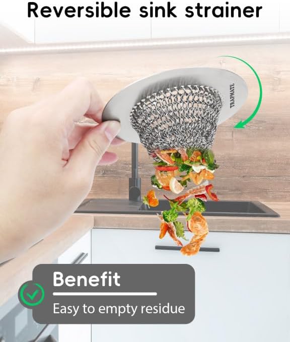 Reversible Kitchen Sink Drain Strainer Basket, Fits Sink & Garbage Disposal | Fast Drainage, Anti-Slip, Easy Clean, Anti-Clogging, Rust-Proof, Large Capacity, Universal 4.4-Inch, Patented Chain Mesh
