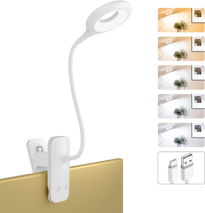 Rechargeable Clip Light, LED Bed Reading Lamp for Headboard & Desk | Strong Clamp, Portable, Cordless Battery Book Light w/ USB-C Cable, 25 Eye-Care Lighting Modes, Flexible Arm, Dorm Bunk Bed