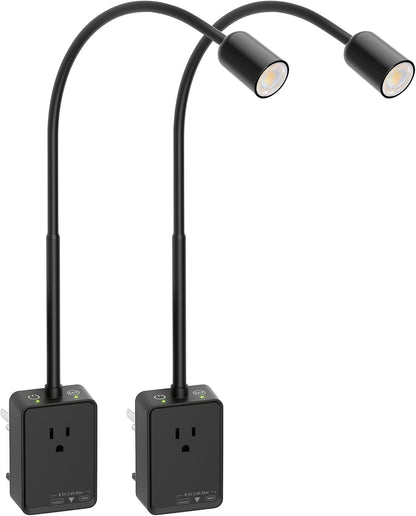 Plug in LED Book Reading Spot Light, White Dimmable Wall Sconce Lamp with Power Plug and Outlet Extender for Kitchen Bedroom Living Room, 3 Lighting Colors, USB Output Charging Ports