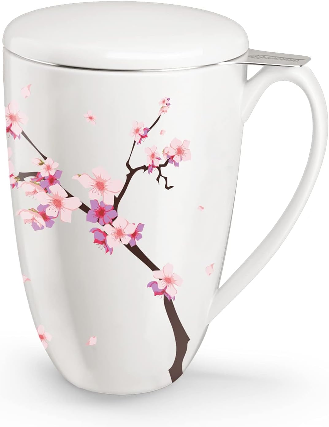 Tea Cup with Infuser and Lid for Steeping Loose Leaf Tea Bag Coffee Milk Women Office Home Gift 16oz Peach Blossoms