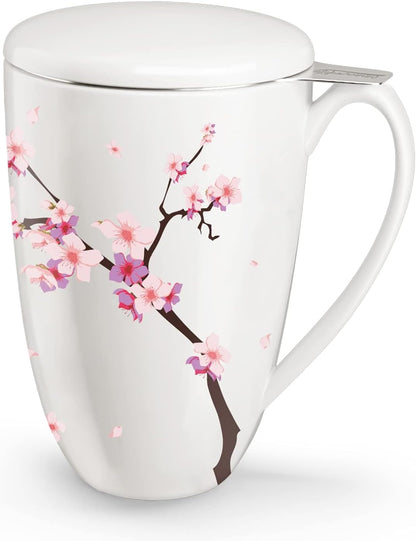 Tea Cup with Infuser and Lid for Steeping Loose Leaf Tea Bag Coffee Milk Women Office Home Gift 16oz Peach Blossoms