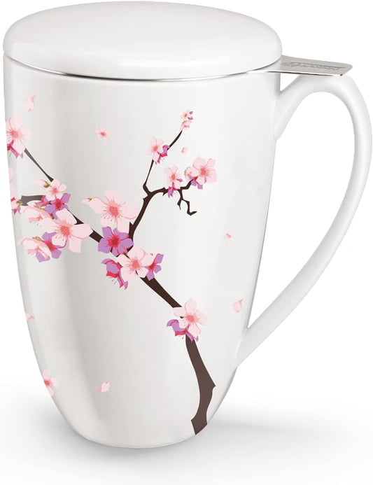 Tea Cup with Infuser and Lid for Steeping Loose Leaf Tea Bag Coffee Milk Women Office Home Gift 16oz Peach Blossoms