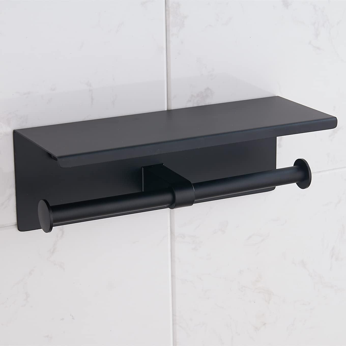 BGL Toilet Paper Holder with Shelf Matte Black, 304 Stainless Steel Wall Mount Toilet Tissue Roll Holder with Double Post for Bathroom, Commercial Toilet Paper Dispenser with Phone Shelf