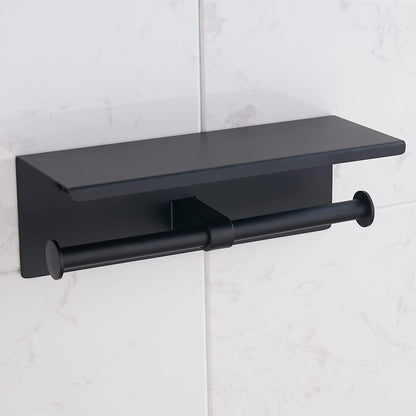BGL Toilet Paper Holder with Shelf Matte Black, 304 Stainless Steel Wall Mount Toilet Tissue Roll Holder with Double Post for Bathroom, Commercial Toilet Paper Dispenser with Phone Shelf