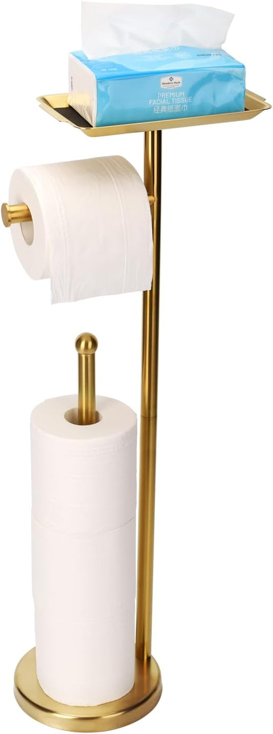 Exilon Toilet Paper Holder Stand for Bathroom Floor Freestanding Toilet Roll Dispenser Storages 4 Reserve Rolls, with Top Storage Shelf for Cell Phone (Brushed Nickel)