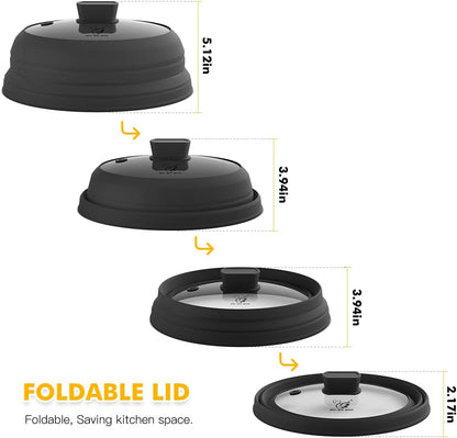Microwave Splatter Cover Glass Splatter Guard Lid with Collapsible Silicone for Food Pot Cover Plate Cover 10.8 inch Black