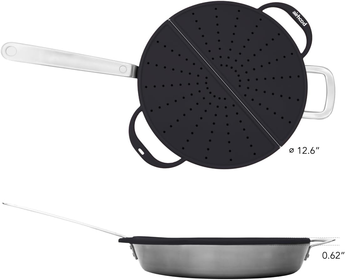 Silicone Splatter Screen, 2-in-1 Trivet & Splatter Screen, Black | Foldable BPA-free silicone guard blocks grease splatter, vents steam, opens for stirring, doubles as heat-resistant trivet