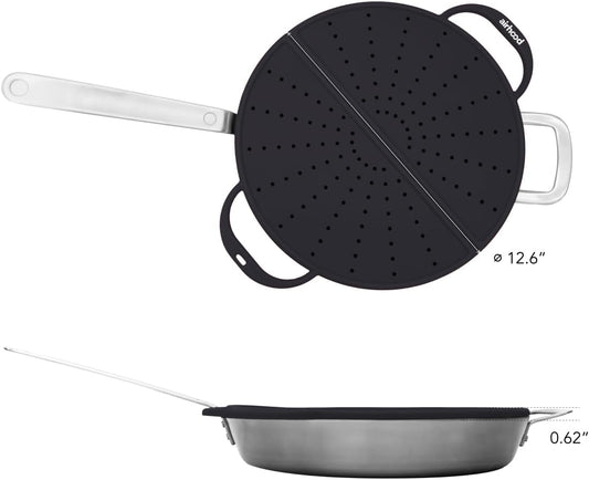 Silicone Splatter Screen, 2-in-1 Trivet & Splatter Screen, Black | Foldable BPA-free silicone guard blocks grease splatter, vents steam, opens for stirring, doubles as heat-resistant trivet