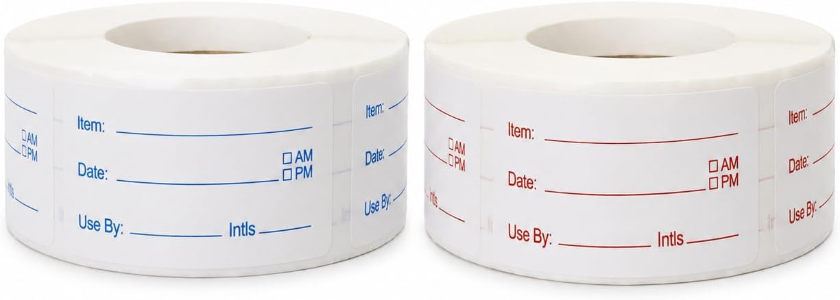 1000 Removable Food Labels, 1x2 Inch Date Stickers for Freezer & Refrigerator Containers, Writable, Self-Adhesive, Ideal for Kitchen, Meal Prep, Home & Restaurant Organization (White and Red)