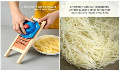 Korean Carrot Grater, Wooden Vegetable Grater with Hand Guard, 4mm Stainless Steel Shredder for Cabbage, Onion, Cheese, Heavy Duty Kitchen Tool (11.0" × 3.7")