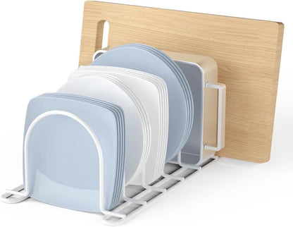 JAQ Plate Rack for Cabinet, 10.5" Vertical Dish Organizer for Plates, Pot Lids, Cutting Boards & Baking Sheets, Metal Kitchen Cabinet Organizer (1-Pack, White)