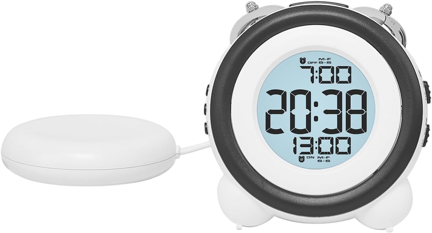 Vibrating Alarm Clock with Bed Shaker, Battery Operated Loud Alarm Clock for Heavy Sleepers with Dimmer, Snooze and Date Display, White