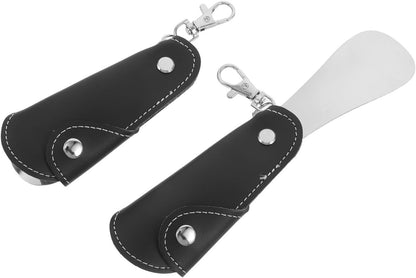 SHINEOFI 2pcs Portable Folding Stainless Steel Shoe Horn Keychain for Travel, Small Metal Shoe Helper for Men and Women, Boot Lifter with Pu Handle, Elegant and Compact Design