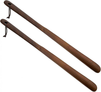 Shoe Horn Long Handle for Seniors, 2-Pack Extra Long Wooden Shoe horn | 23.6-Inch Black Walnut Boot Horn, Shoe Helper for Men and Women, Smooth Rounded Edge, No-Bend Use, Leather Hanging Loop