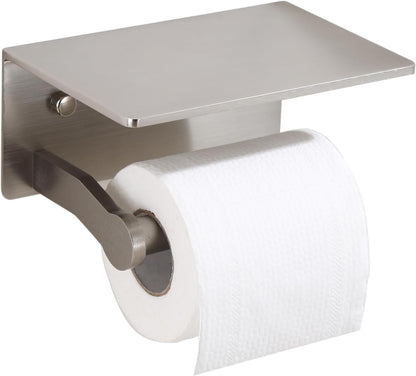Toilet Paper Holder with Shelf, Adhesive or Screw Wall Mount Toilet Roll Holder for Bathroom, Rustproof Solid Aluminum Commercial Toilet Tissue Holder with Storage, Brushed Nickel