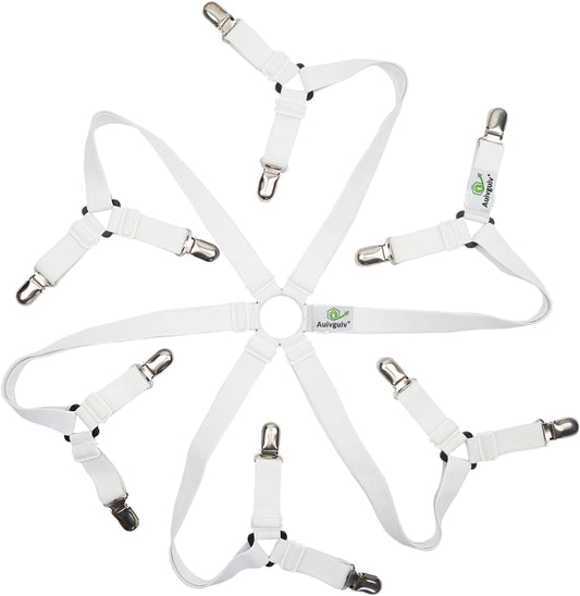 Adjustable Elastic Fitted Sheet Straps,Crisscross Bed Sheet Fasteners Suspenders,Fit Round and Square Mattresses (3 Way White)