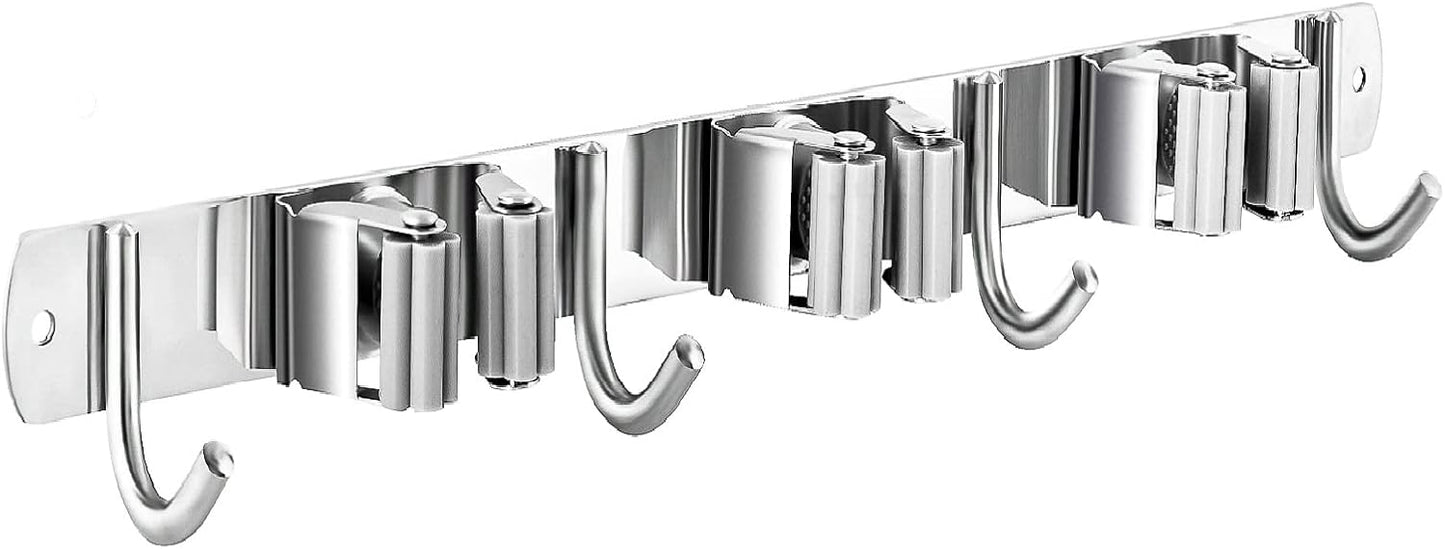Broom and Mop Holder Wall Mounted, Broom Hanger Storage Rack, Stainless Steel Mop Hanger, Dustpan Holders with 2 Racks and 3 Hooks, Heavy Duty utility hooks for hanging brooms and mops