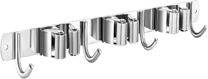 Broom and Mop Holder Wall Mounted, Broom Hanger Storage Rack, Stainless Steel Mop Hanger, Dustpan Holders with 2 Racks and 3 Hooks, Heavy Duty utility hooks for hanging brooms and mops